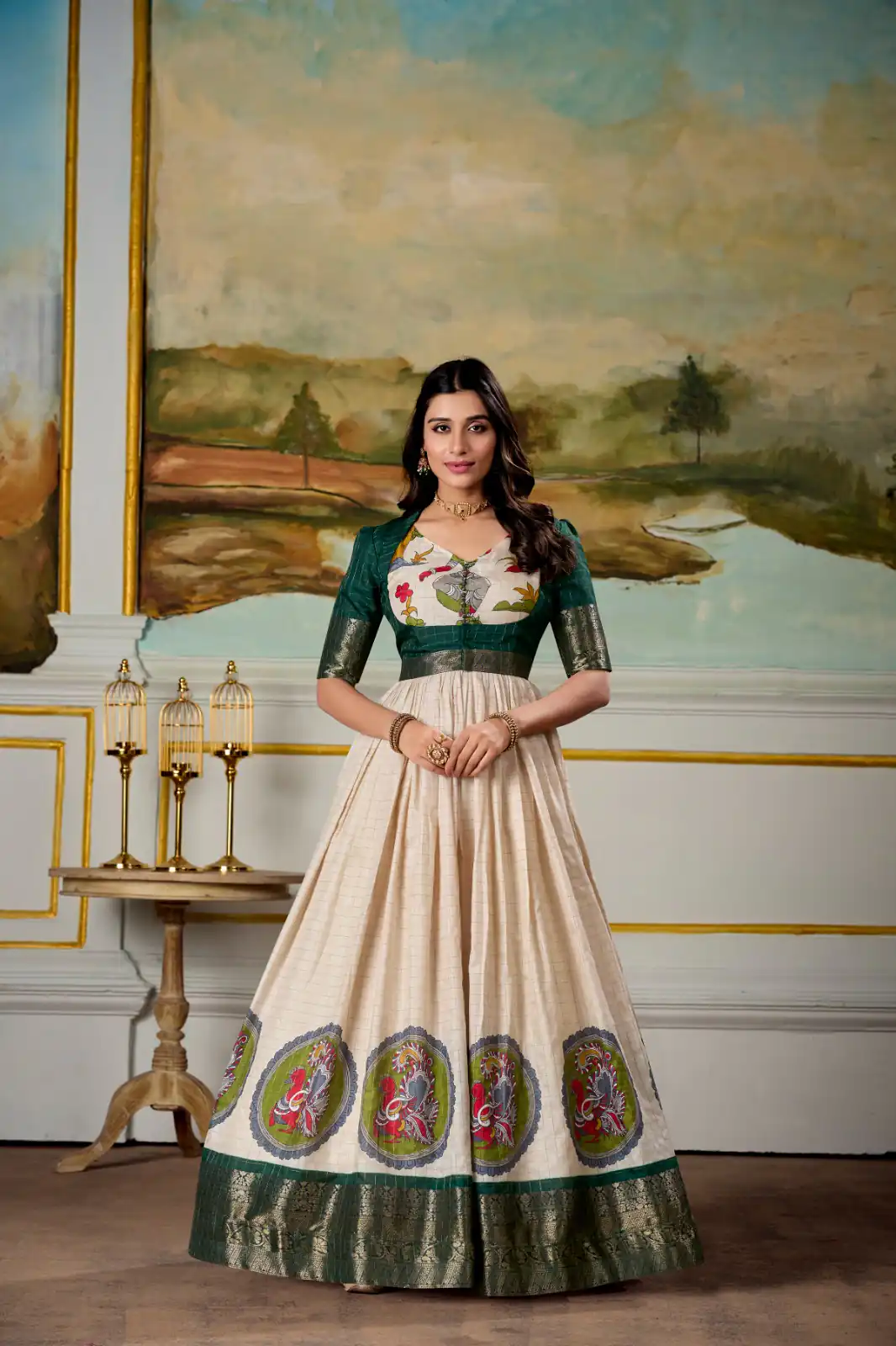 Green Dola Silk Print Weaving Broder Gown | Gowns, Bollywood Gowns, Creative Gowns, Designer Gowns, Embroidered Gowns, Party Wear Gowns