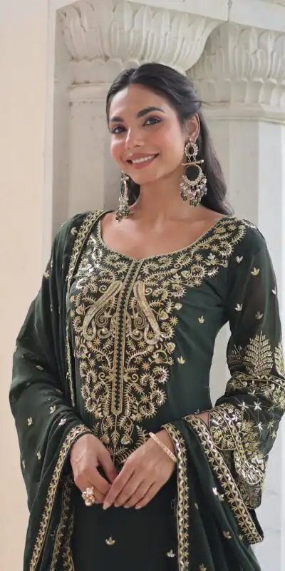 Green Faux Blooming Embroidered Work Salwar Suit | Jump Suits, Salwar suit, Casual Suits, Creative suits, Designer Suits, Palazzo Suits, Party Wear Suits, Patiala Suits, Straight Suits