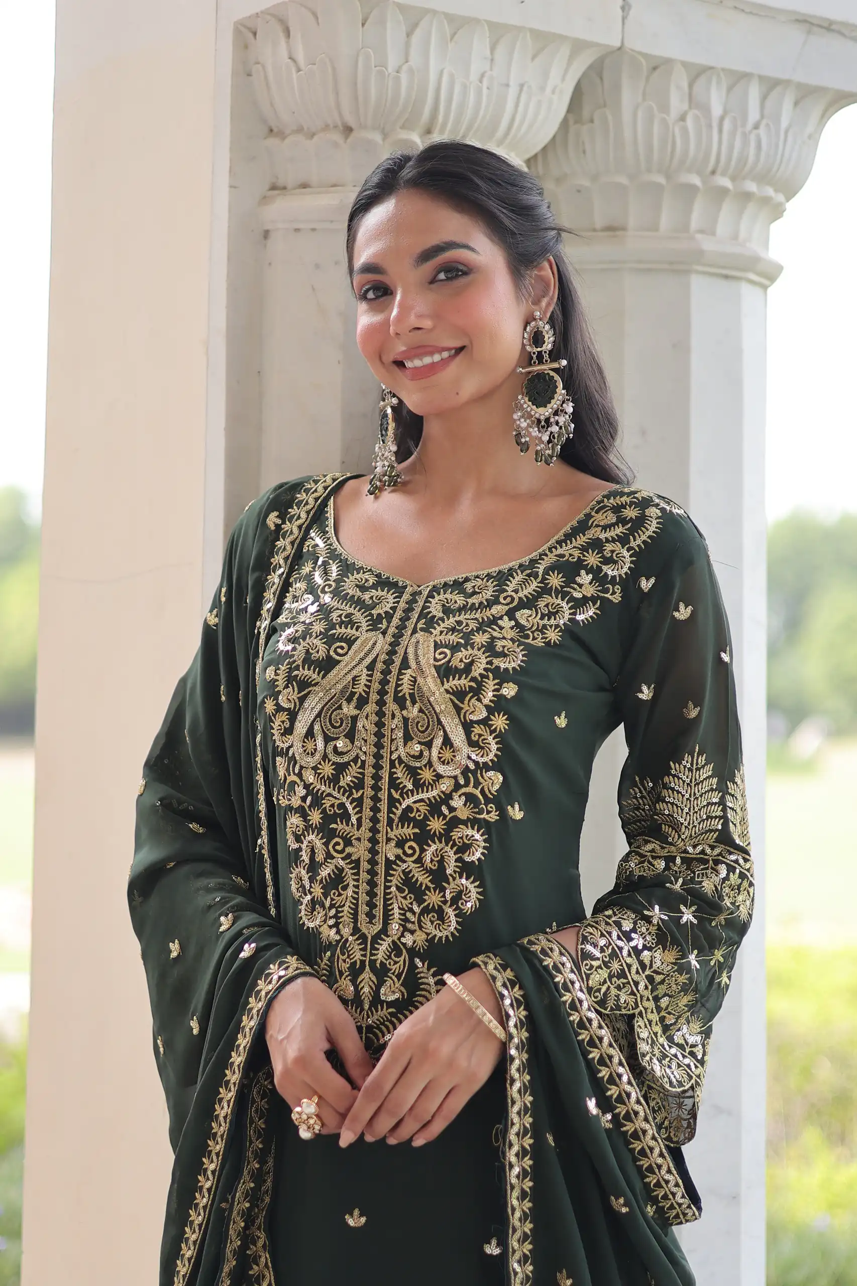 Green Faux Blooming Embroidered Work Salwar Suit | Jump Suits, Salwar suit, Casual Suits, Creative suits, Designer Suits, Palazzo Suits, Party Wear Suits, Patiala Suits, Straight Suits