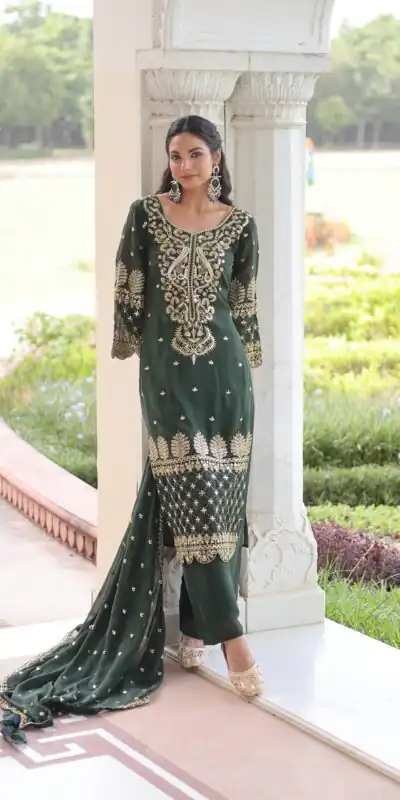 Green Faux Blooming Embroidered Work Salwar Suit | Jump Suits, Salwar suit, Casual Suits, Creative suits, Designer Suits, Palazzo Suits, Party Wear Suits, Patiala Suits, Straight Suits