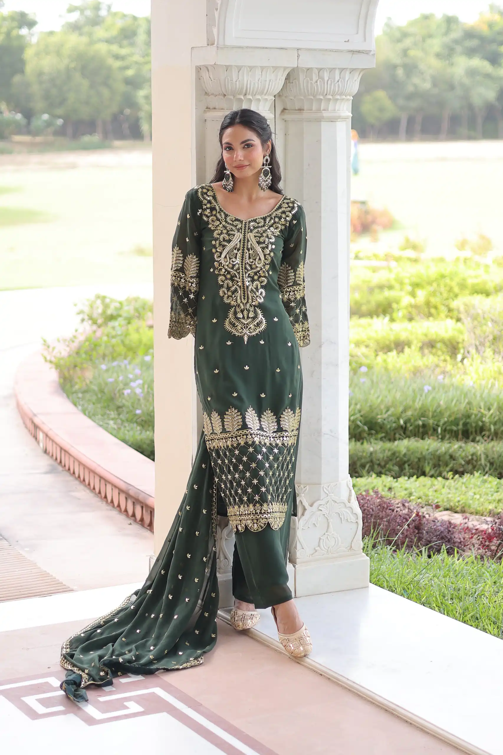 Green Faux Blooming Embroidered Work Salwar Suit | Jump Suits, Salwar suit, Casual Suits, Creative suits, Designer Suits, Palazzo Suits, Party Wear Suits, Patiala Suits, Straight Suits