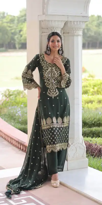 Green Faux Blooming Embroidered Work Salwar Suit | Jump Suits, Salwar suit, Casual Suits, Creative suits, Designer Suits, Palazzo Suits, Party Wear Suits, Patiala Suits, Straight Suits