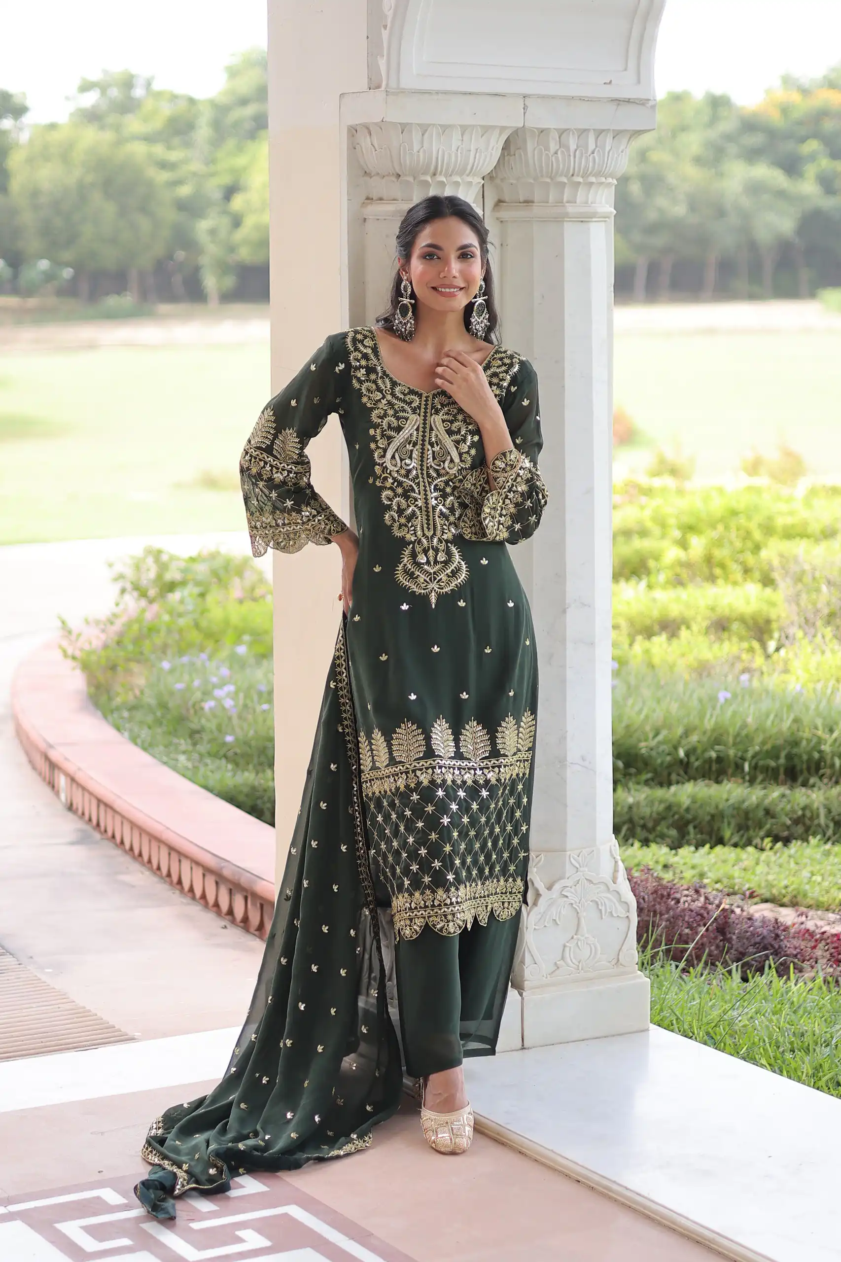 Green Faux Blooming Embroidered Work Salwar Suit | Jump Suits, Salwar suit, Casual Suits, Creative suits, Designer Suits, Palazzo Suits, Party Wear Suits, Patiala Suits, Straight Suits