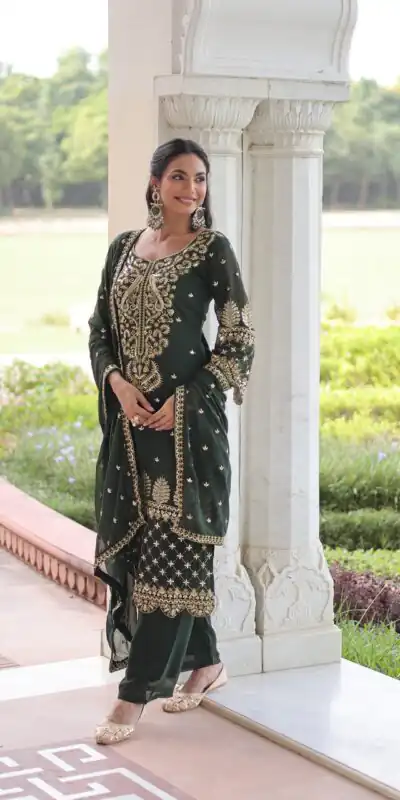 Green Faux Blooming Embroidered Work Salwar Suit | Jump Suits, Salwar suit, Casual Suits, Creative suits, Designer Suits, Palazzo Suits, Party Wear Suits, Patiala Suits, Straight Suits