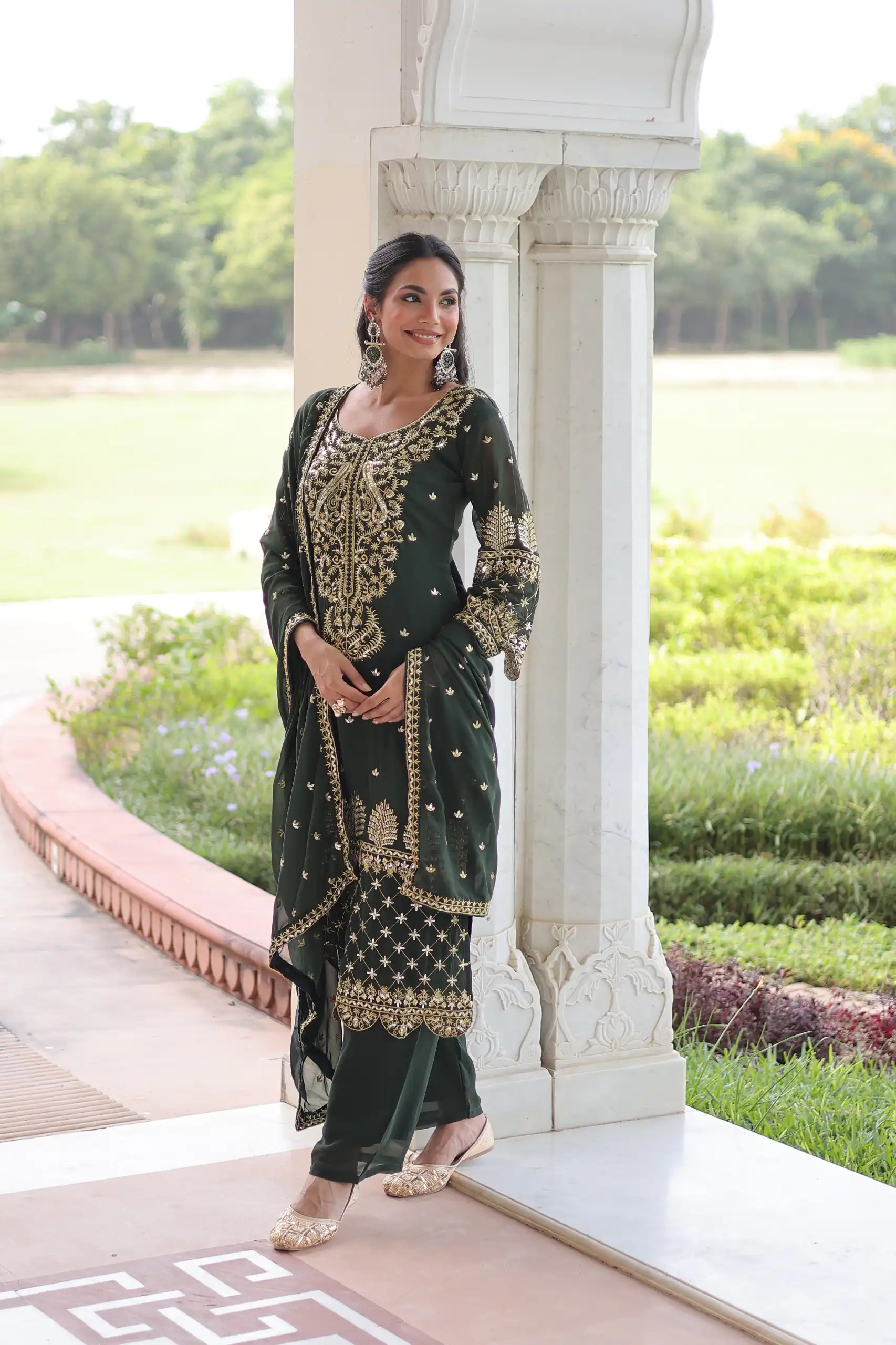 Green Faux Blooming Embroidered Work Salwar Suit | Jump Suits, Salwar suit, Casual Suits, Creative suits, Designer Suits, Palazzo Suits, Party Wear Suits, Patiala Suits, Straight Suits
