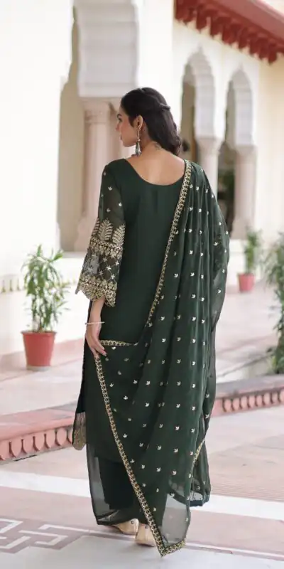 Green Faux Blooming Embroidered Work Salwar Suit | Jump Suits, Salwar suit, Casual Suits, Creative suits, Designer Suits, Palazzo Suits, Party Wear Suits, Patiala Suits, Straight Suits