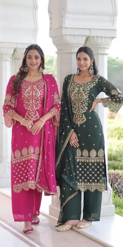 Green Faux Blooming Embroidered Work Salwar Suit | Jump Suits, Salwar suit, Casual Suits, Creative suits, Designer Suits, Palazzo Suits, Party Wear Suits, Patiala Suits, Straight Suits