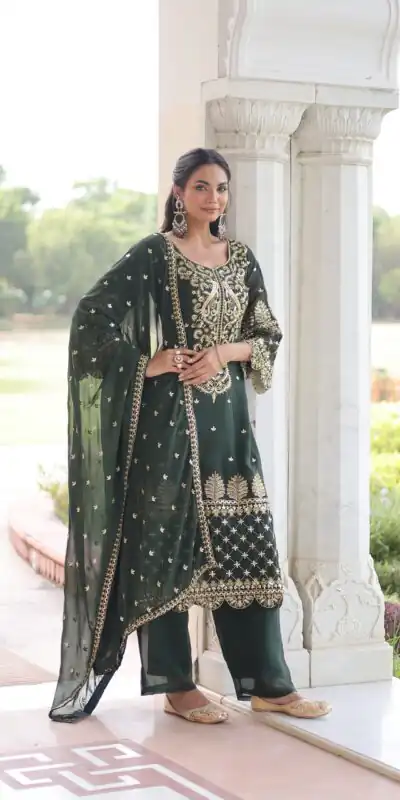 Green Faux Blooming Embroidered Work Salwar Suit | Jump Suits, Salwar suit, Casual Suits, Creative suits, Designer Suits, Palazzo Suits, Party Wear Suits, Patiala Suits, Straight Suits