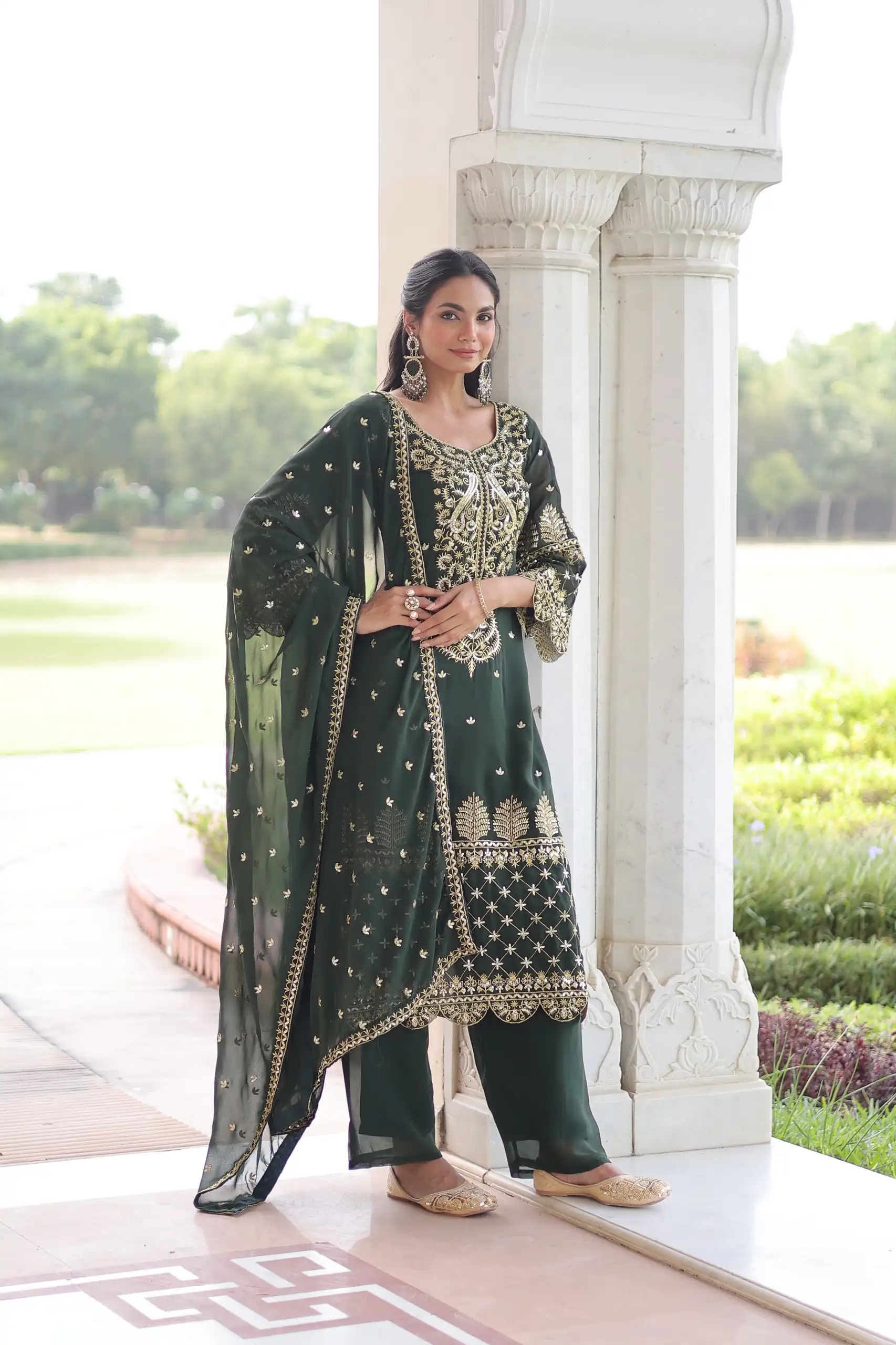 Green Faux Blooming Embroidered Work Salwar Suit | Jump Suits, Salwar suit, Casual Suits, Creative suits, Designer Suits, Palazzo Suits, Party Wear Suits, Patiala Suits, Straight Suits