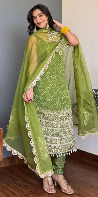 Green Faux Georgette Mirror Embroidery Work Salwar Suit | Jump Suits, Salwar suit, Casual Suits, Creative suits, Designer Suits, Palazzo Suits, Party Wear Suits, Patiala Suits, Straight Suits