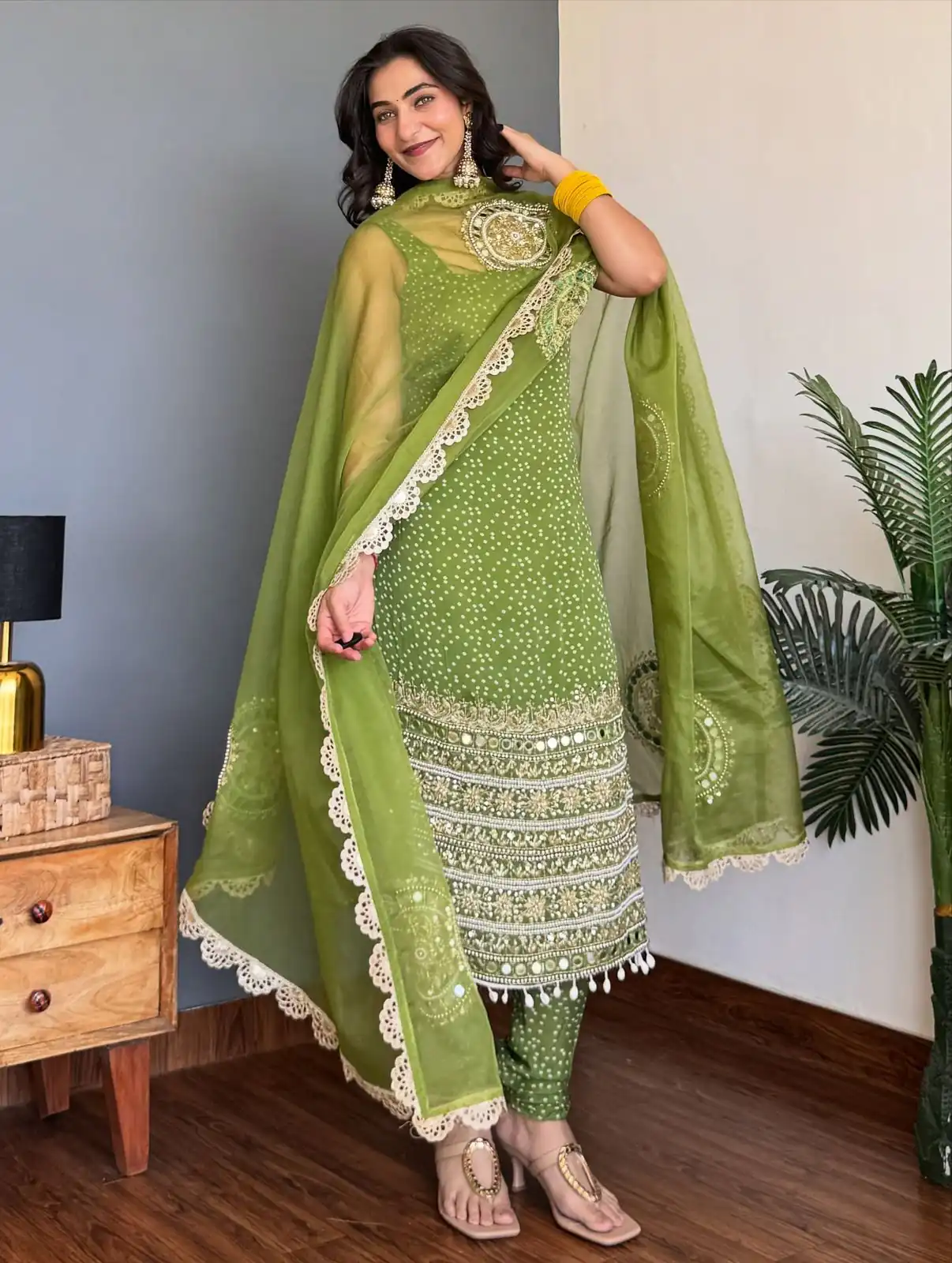 Green Faux Georgette Mirror Embroidery Work Salwar Suit | Jump Suits, Salwar suit, Casual Suits, Creative suits, Designer Suits, Palazzo Suits, Party Wear Suits, Patiala Suits, Straight Suits