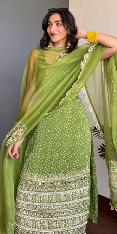 Green Faux Georgette Mirror Embroidery Work Salwar Suit | Jump Suits, Salwar suit, Casual Suits, Creative suits, Designer Suits, Palazzo Suits, Party Wear Suits, Patiala Suits, Straight Suits