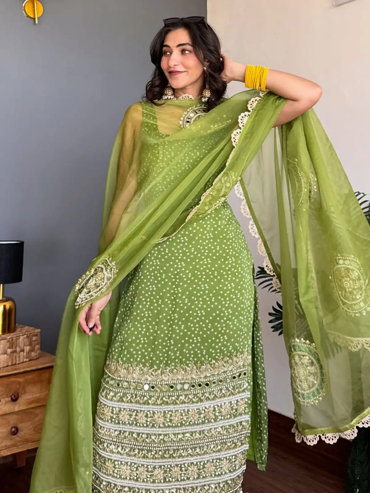 Green Faux Georgette Mirror Embroidery Work Salwar Suit | Jump Suits, Salwar suit, Casual Suits, Creative suits, Designer Suits, Palazzo Suits, Party Wear Suits, Patiala Suits, Straight Suits
