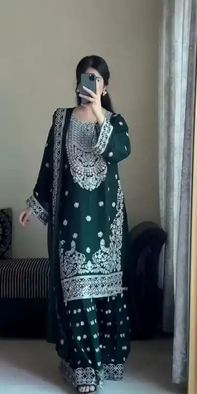 Green Faux Georgette Sequence Work Salwar Suit | Jump Suits, Salwar suit, Casual Suits, Creative suits, Designer Suits, Palazzo Suits, Party Wear Suits, Patiala Suits, Straight Suits