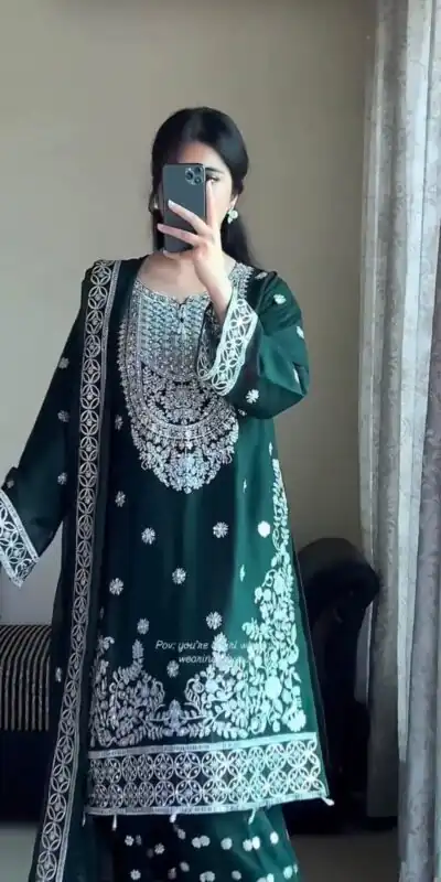 Green Faux Georgette Sequence Work Salwar Suit | Jump Suits, Salwar suit, Casual Suits, Creative suits, Designer Suits, Palazzo Suits, Party Wear Suits, Patiala Suits, Straight Suits