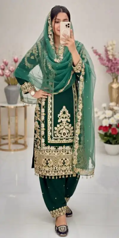Green Faux Georgette With Embroidery Work Salwar Suit | Jump Suits, Tops & Bottoms, Track Suits, Salwar suit, Casual Suits, Creative suits, Designer Suits, Palazzo Suits, Party Wear Suits, Patiala Suits, Straight Suits, Trendy Wear