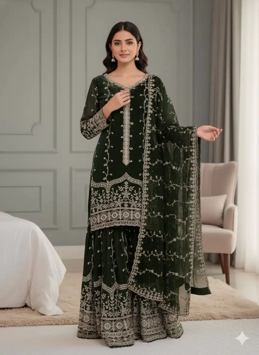 Green Fendy Silk Embroidery Work Salwar Suit | Jump Suits, Salwar suit, Casual Suits, Creative suits, Designer Suits, Palazzo Suits, Party Wear Suits, Patiala Suits, Straight Suits
