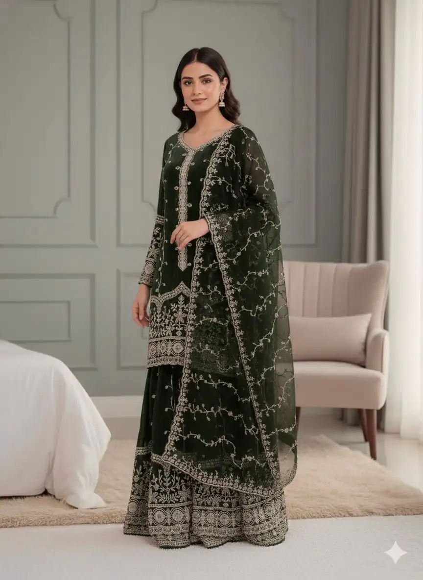 Green Fendy Silk Embroidery Work Salwar Suit | Jump Suits, Salwar suit, Casual Suits, Creative suits, Designer Suits, Palazzo Suits, Party Wear Suits, Patiala Suits, Straight Suits