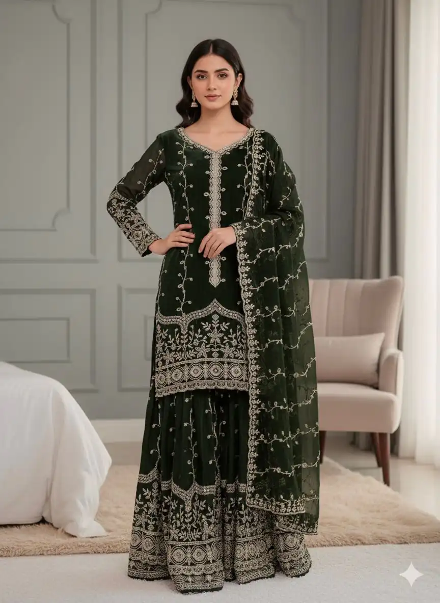 Green Fendy Silk Embroidery Work Salwar Suit | Jump Suits, Salwar suit, Casual Suits, Creative suits, Designer Suits, Palazzo Suits, Party Wear Suits, Patiala Suits, Straight Suits