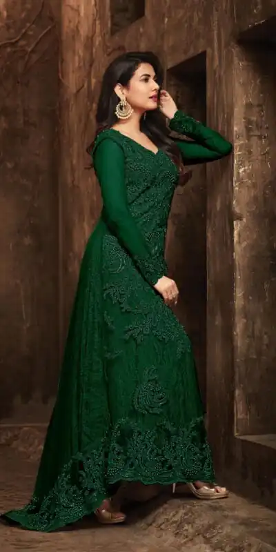 Green Football Net Embroidery Sequence Stone Coding Moti Work Salwar Suit | Jump Suits, Salwar suit, Casual Suits, Creative suits, Designer Suits, Palazzo Suits, Party Wear Suits, Patiala Suits, Straight Suits