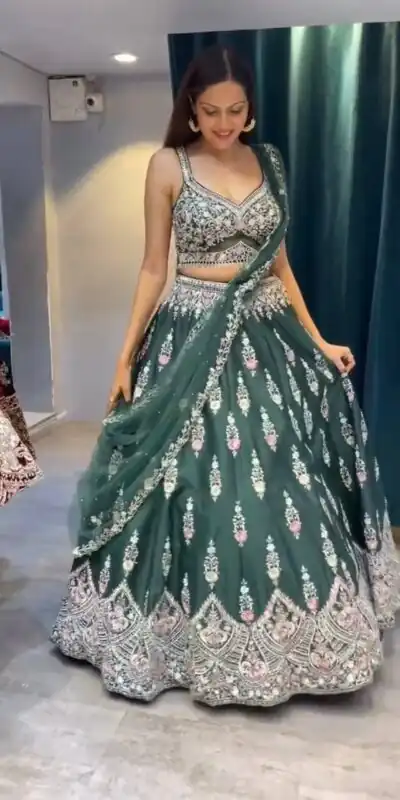 Green Fuax Georgette Cut Work Lehenga Choli | Lehenga, Bollywood Lehenga, Creative Lehenga, Designer Lehenga, Embroidered Lehenga, Party Wear Lehenga