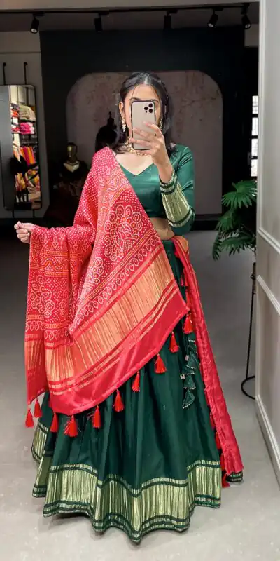 Green Gaji Silk Lagdi patta Lehenga Choli | Lehenga, Bollywood Lehenga, Creative Lehenga, Designer Lehenga, Embroidered Lehenga, Party Wear Lehenga