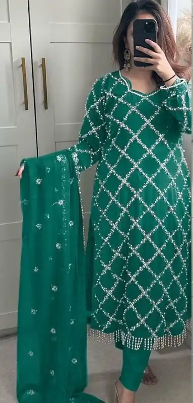 Green Georgette Embroidered Hand Work Salwar Suit | Jump Suits, Salwar suit, Casual Suits, Creative suits, Designer Suits, Palazzo Suits, Party Wear Suits, Patiala Suits, Straight Suits