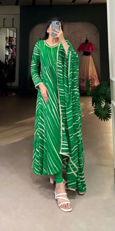 Green Georgette Leheriya Gown | Gowns, Bollywood Gowns, Creative Gowns, Designer Gowns, Embroidered Gowns, Party Wear Gowns