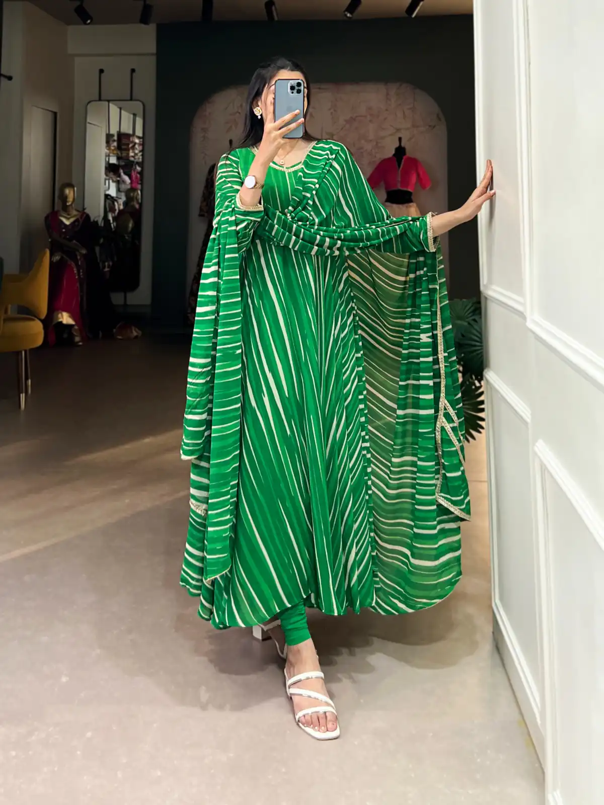 Green Georgette Leheriya Gown | Gowns, Bollywood Gowns, Creative Gowns, Designer Gowns, Embroidered Gowns, Party Wear Gowns