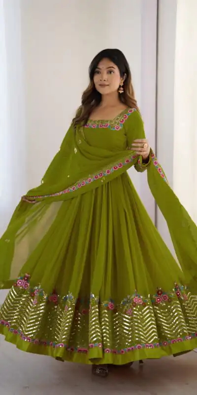 Green Georgette Multi Thread Work Gown | Jump Suits, Salwar suit, Casual Suits, Creative suits, Designer Suits, Palazzo Suits, Party Wear Suits, Patiala Suits, Straight Suits