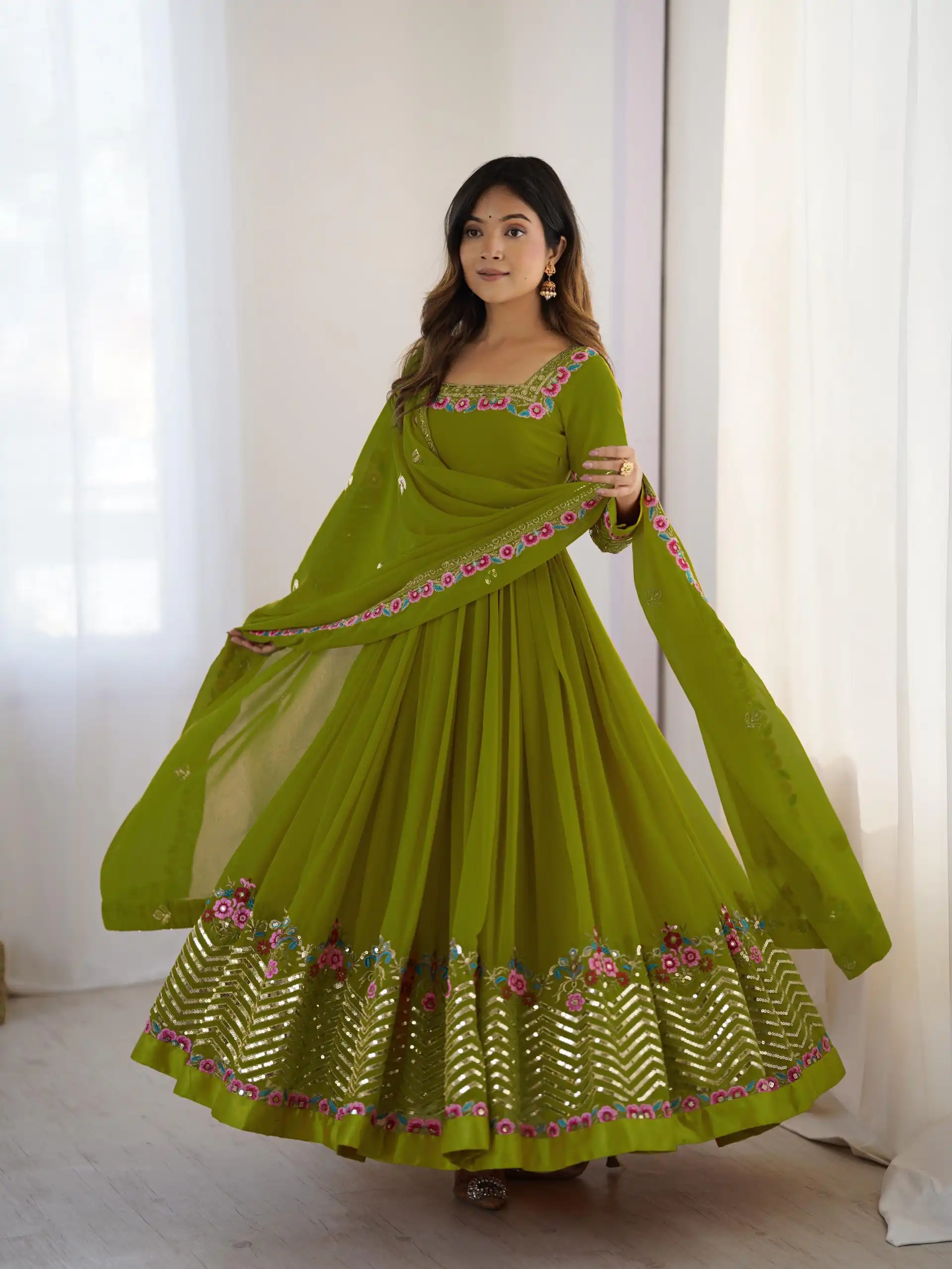 Green Georgette Multi Thread Work Gown | Jump Suits, Salwar suit, Casual Suits, Creative suits, Designer Suits, Palazzo Suits, Party Wear Suits, Patiala Suits, Straight Suits