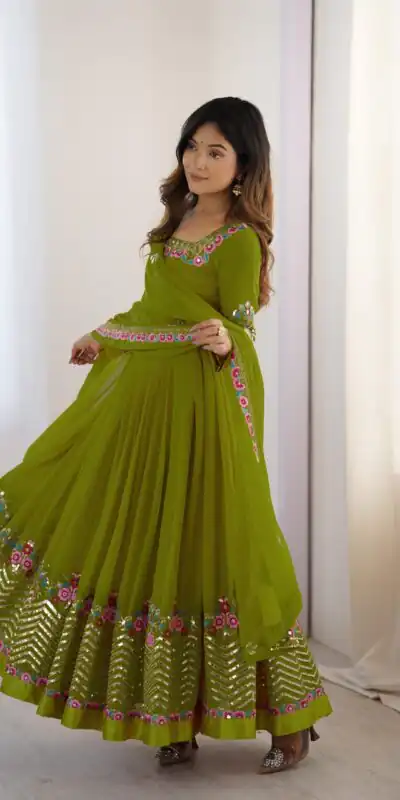 Green Georgette Multi Thread Work Gown | Jump Suits, Salwar suit, Casual Suits, Creative suits, Designer Suits, Palazzo Suits, Party Wear Suits, Patiala Suits, Straight Suits