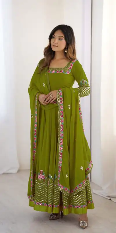 Green Georgette Multi Thread Work Gown | Jump Suits, Salwar suit, Casual Suits, Creative suits, Designer Suits, Palazzo Suits, Party Wear Suits, Patiala Suits, Straight Suits