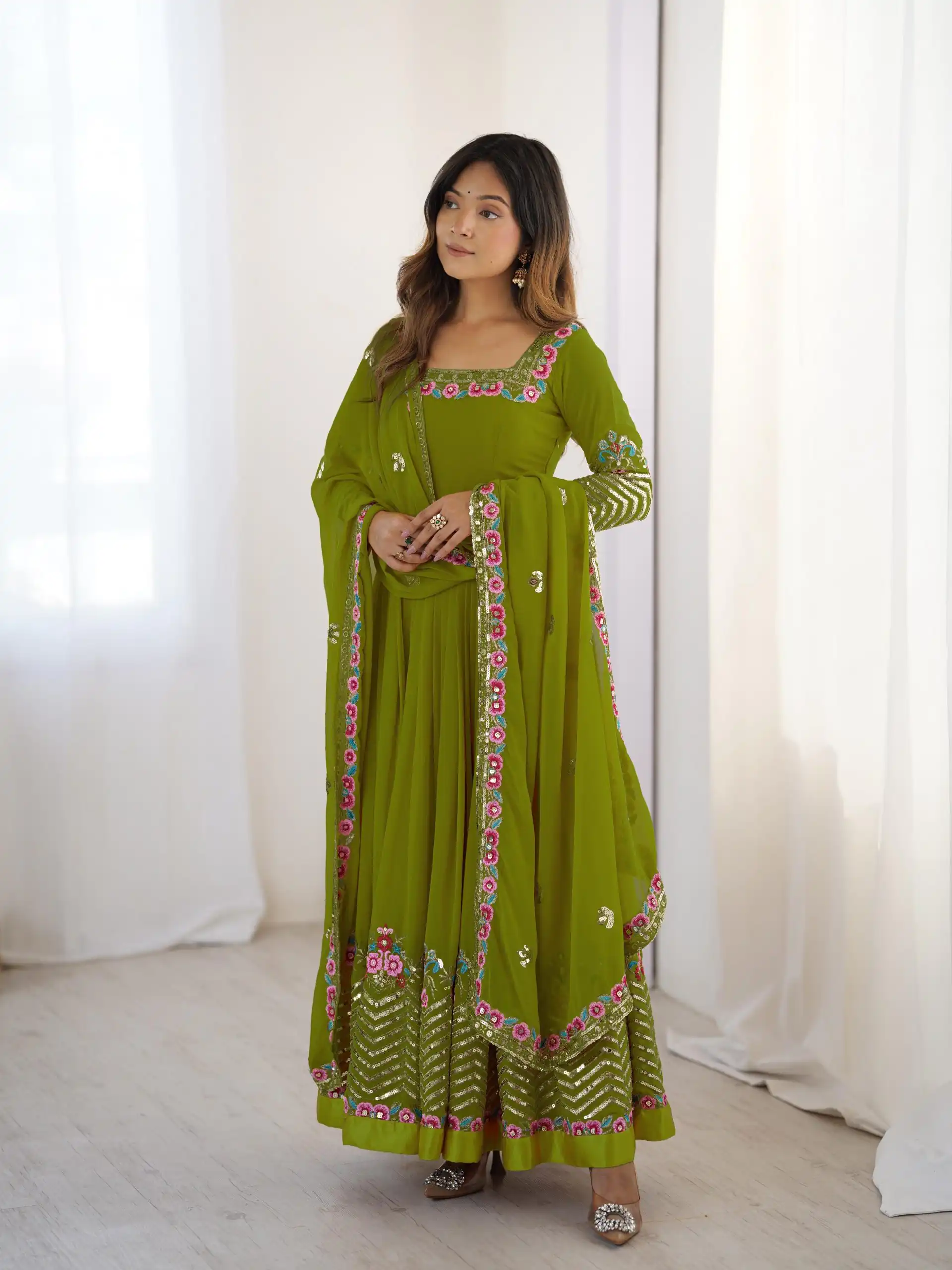 Green Georgette Multi Thread Work Gown | Jump Suits, Salwar suit, Casual Suits, Creative suits, Designer Suits, Palazzo Suits, Party Wear Suits, Patiala Suits, Straight Suits