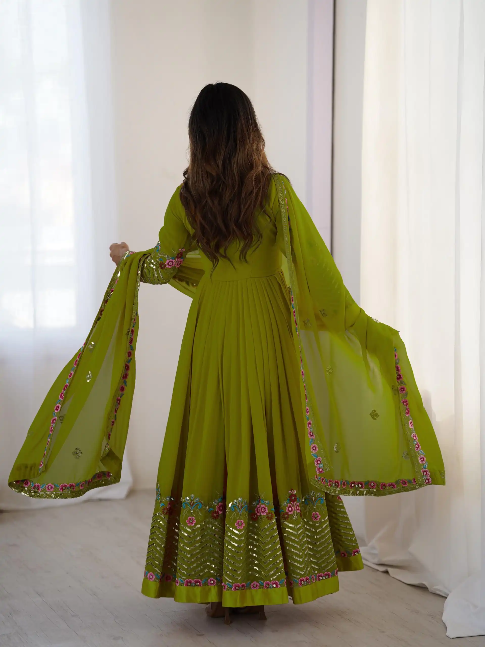 Green Georgette Multi Thread Work Gown | Jump Suits, Salwar suit, Casual Suits, Creative suits, Designer Suits, Palazzo Suits, Party Wear Suits, Patiala Suits, Straight Suits