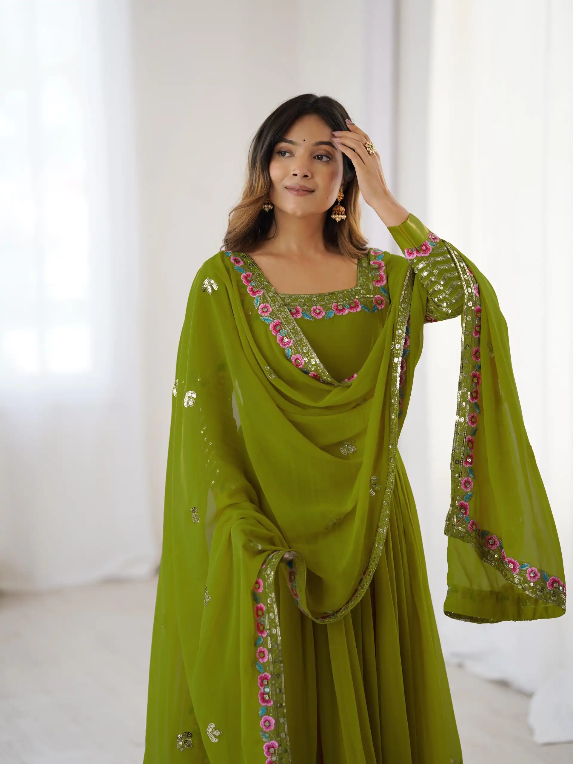 Green Georgette Multi Thread Work Gown | Jump Suits, Salwar suit, Casual Suits, Creative suits, Designer Suits, Palazzo Suits, Party Wear Suits, Patiala Suits, Straight Suits
