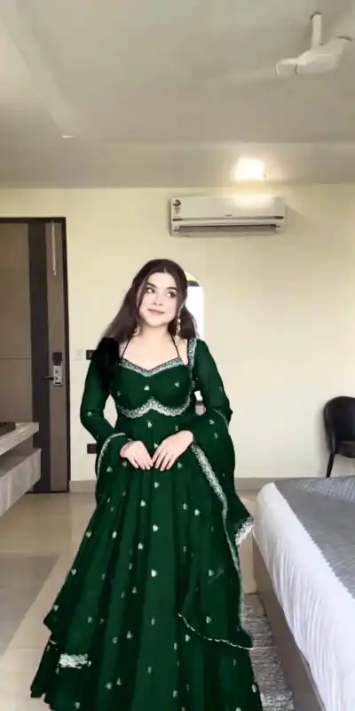 Green Georgette Sequence Gown | Gowns, Bollywood Gowns, Creative Gowns, Designer Gowns, Embroidered Gowns, Party Wear Gowns