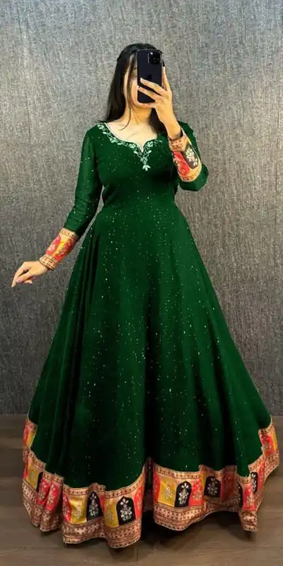 Green Georgette Wide Sequence Work Anarkali Gown | Gowns, Bollywood Gowns, Creative Gowns, Designer Gowns, Embroidered Gowns, Party Wear Gowns, Straight Suits