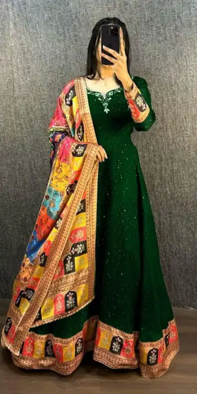 Green Georgette Wide Sequence Work Anarkali Gown | Gowns, Bollywood Gowns, Creative Gowns, Designer Gowns, Embroidered Gowns, Party Wear Gowns, Straight Suits