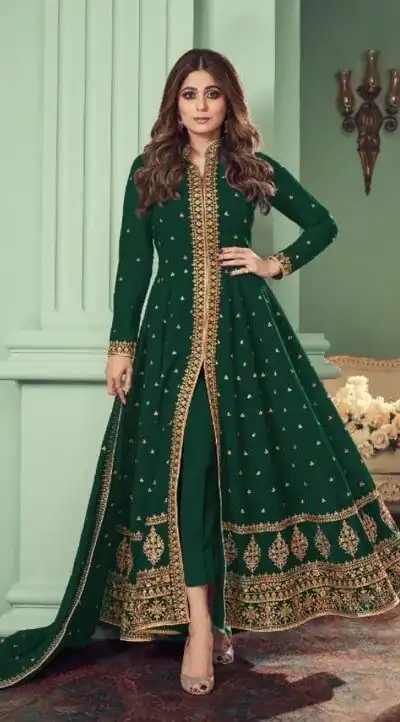Green Heavy Georgette Embroidery Sharara Suit | Jump Suits, Salwar suit, Casual Suits, Creative suits, Designer Suits, Palazzo Suits, Party Wear Suits, Patiala Suits, Straight Suits