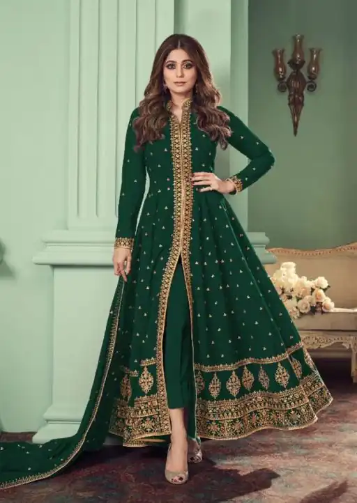 Green Heavy Georgette Embroidery Sharara Suit | Jump Suits, Salwar suit, Casual Suits, Creative suits, Designer Suits, Palazzo Suits, Party Wear Suits, Patiala Suits, Straight Suits