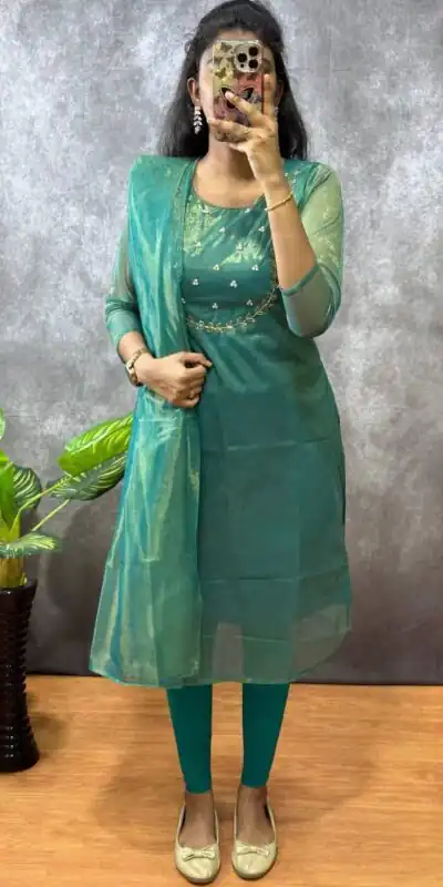 Green Heavy Twill Golden Shining Fabric Kurti | Kurti, Bollywood Kurti, Creative Kurtis, Designer Kurti, Party Wear Kurti, Selfie Kurti