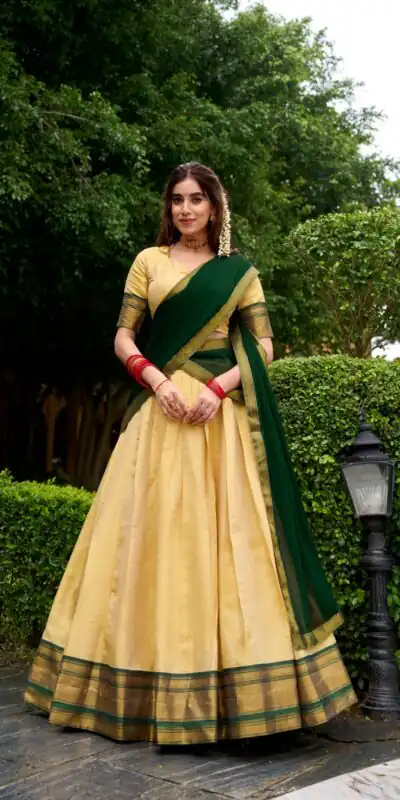 Green Kanchipuram Zari Lace Work Lehenga Choli | Lehenga, Bollywood Lehenga, Creative Lehenga, Designer Lehenga, Embroidered Lehenga, Party Wear Lehenga
