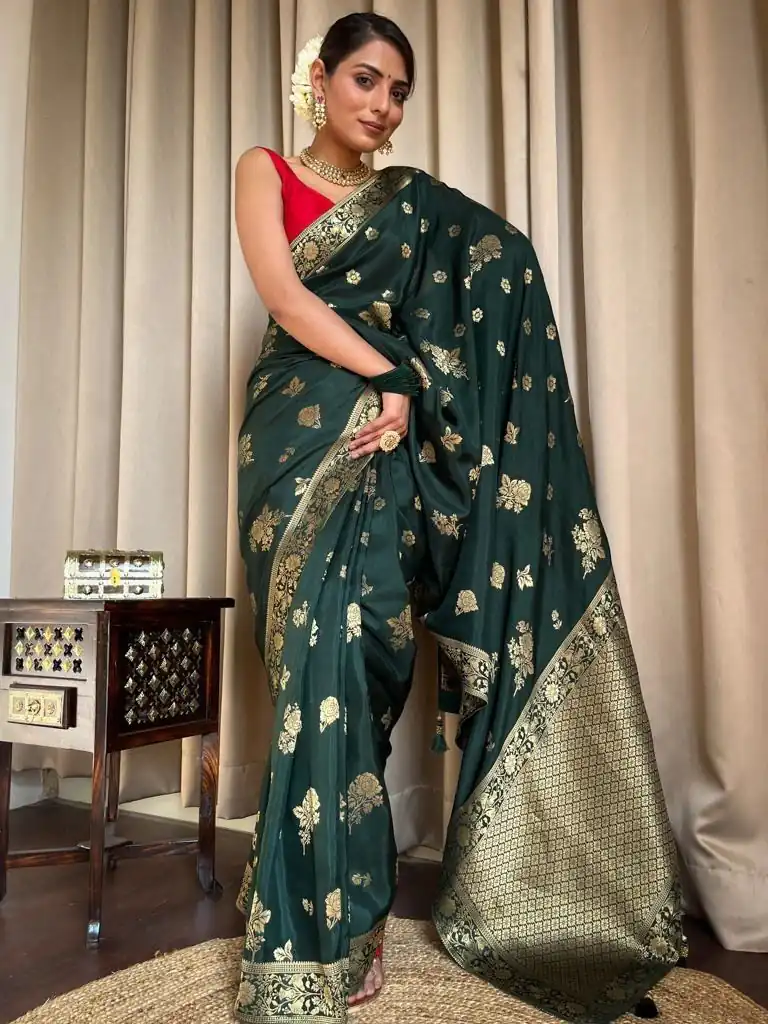 Green Lichi Silk Jacquard Work Saree | Sarees, Bollywood Sarees, Creative Sarees, Designer Sarees, Embroidered Sarees, Ethnic Saree, Modern Digital sarees, Party Wear Sarees