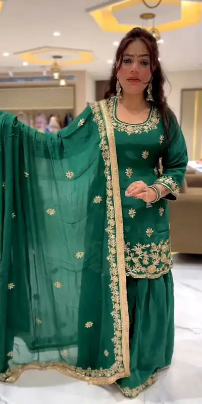 Green Natural Crep Embroidery Work Salwar Suit | Jump Suits, Salwar suit, Casual Suits, Creative suits, Designer Suits, Palazzo Suits, Party Wear Suits, Patiala Suits, Straight Suits