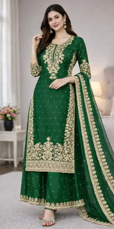 Green Organza Silk Embroidery Work Salwar Suit | Jump Suits, Salwar suit, Casual Suits, Creative suits, Designer Suits, Palazzo Suits, Party Wear Suits, Patiala Suits, Straight Suits