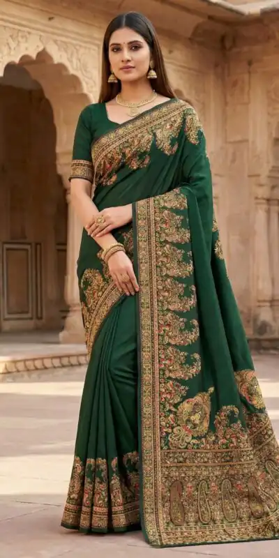 Green Pashmina Silk Lace Work Border Saree | Sarees, Bollywood Sarees, Creative Sarees, Designer Sarees, Embroidered Sarees, Ethnic Saree, Modern Digital sarees, Party Wear Sarees