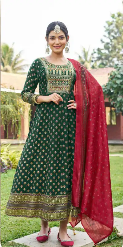 Green Rayon Embroidery Work Gown | Gowns, Bollywood Gowns, Creative Gowns, Designer Gowns, Embroidered Gowns, Party Wear Gowns