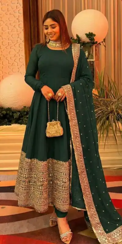Green Roman Silk Embroidery Lace Work Gown | Gowns, Bollywood Gowns, Creative Gowns, Designer Gowns, Embroidered Gowns, Party Wear Gowns