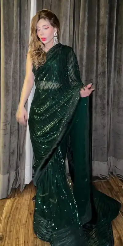 Green Sequin Georgette Embroidery Work Saree | Sarees, Bollywood Sarees, Creative Sarees, Designer Sarees, Embroidered Sarees, Ethnic Saree, Modern Digital sarees, Party Wear Sarees